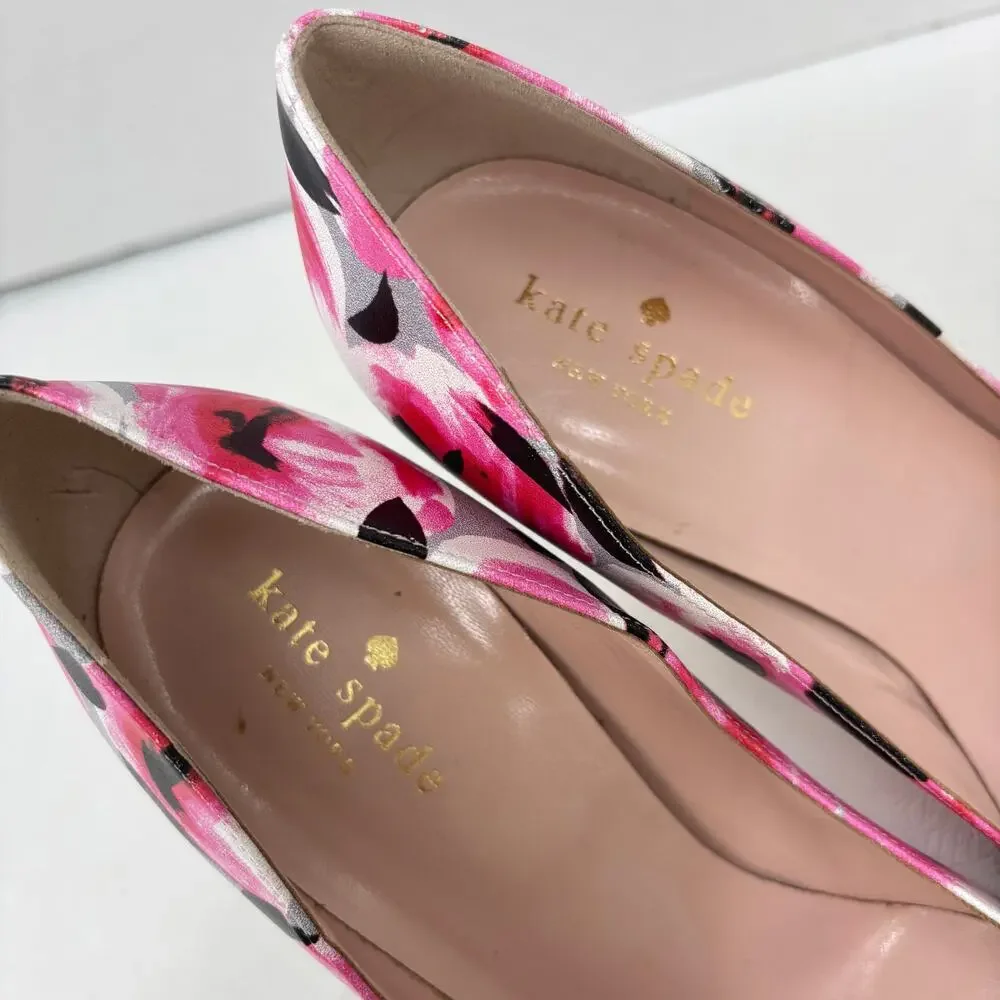 Kate Spade Pump Heels Size 8.5  Licorice Pink Floral Leather Pointed Toe Italy - Picture 5 of 8
